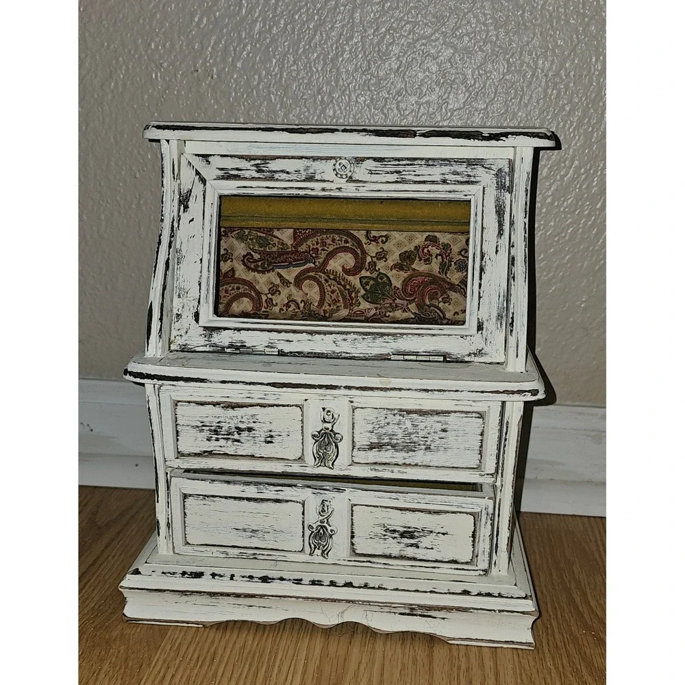 Vintage 1970s Toyo Wooden Musical Jewelry Box/Cabinet Shabby Chic White Upcycle